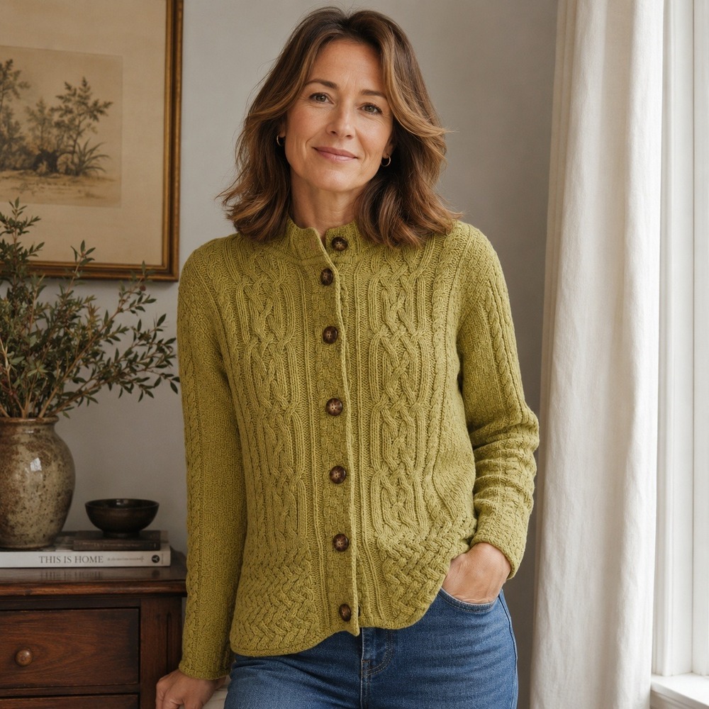 Vintage Talbots Cable Knit Cardigan Sweater Mock Neck Cotton Green Women's Large - Picture 1 of 10